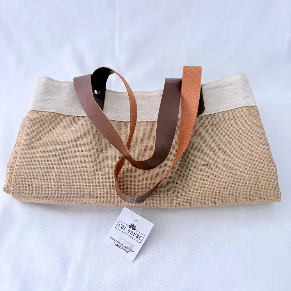 Mom Life Burlap Jute Large Tote Bag Large Tan Faux Leather Straps